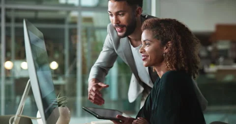 Business people, computer and tablet for discussion, training and mentorship Video stock 294485465