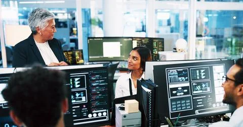 Business people, computer or programming team with monitor for cybersecurity at 写真素材