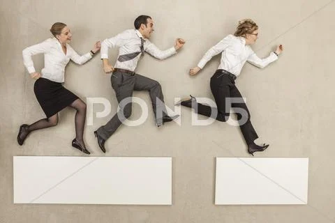 Business people crossing gap of platform Stock Photos