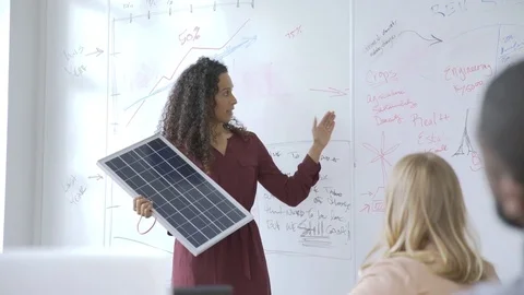 Business people discussing solar panel in meeting Stock Footage