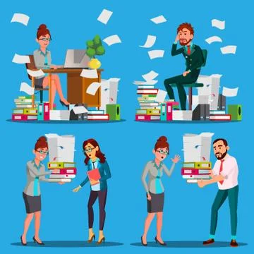 Business People Doing Paperwork Vector. Office Workers. Very Busy Day. To Stock Illustration