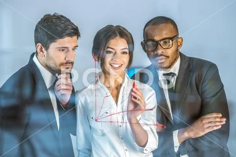 The business people draw the graph at the virtual screen Stock Photos
