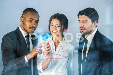 The business people draw at the virtual screen Stock Photos