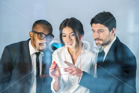 The business people draw at the virtual screen Stock Photos