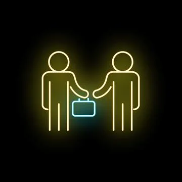Business people exchanging briefcase making deal neon icon Stock Illustration