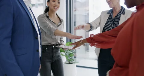 Business people, hands stack and tablet with teamwork, motivation and agreement Stock Footage 242102875
