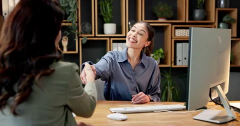 Business people, handshake or interview in office with smile, introduction or Stock Footage 342316015