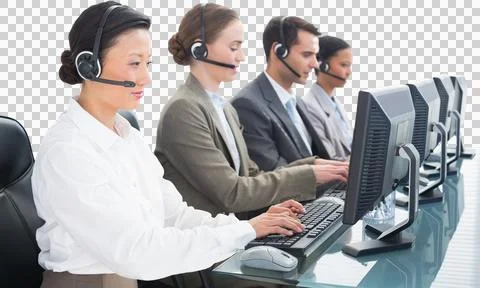 Business people with headsets using computers Illustrazione stock
