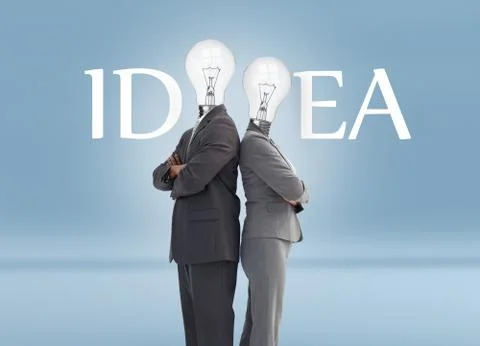 Business people with light bulb heads and idea text Stock Photos