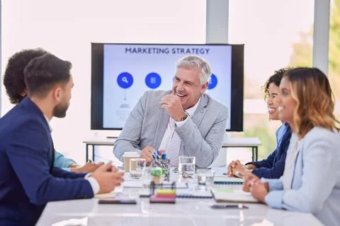 Business people, meeting and marketing team laughing for funny meme, joke or Stock Photos