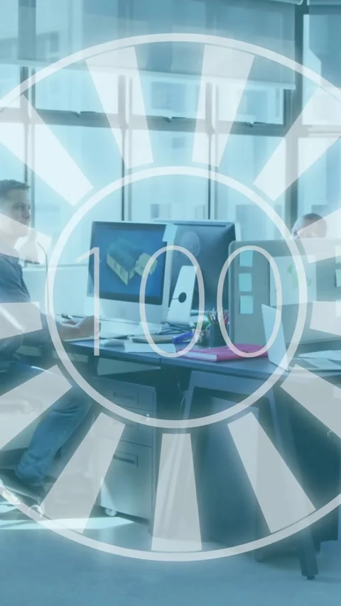 Business people in office with 100 progress animation over workspace Stock Footage 342010616