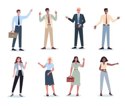 Business people pointing up something set. Female and male business Stock Illustration