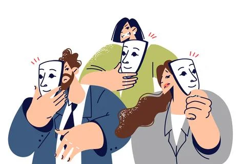 Business people put on masks to simulate emotions and deceive, working for Stock Illustration