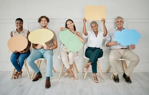 Business people, queue and interview with speech bubble, mockup vote and opinion Foto stock