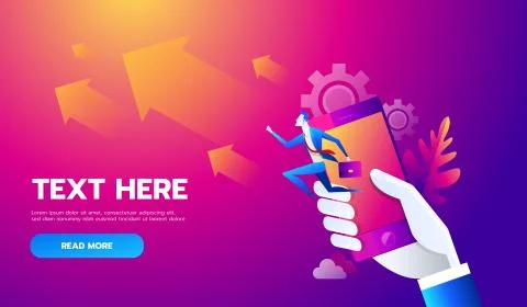 Business people runing on up graph path to goal on mobile. Vector illustration. 스톡 일러스트