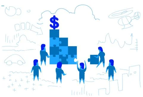 Business people solving puzzle making stairs dollar icon top concept teamwork Stock Illustration