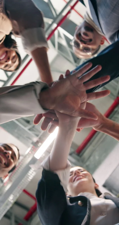 Business people, stack and below huddle in office, motivation or mission with Stock Footage 342782893