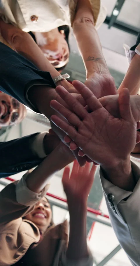 Business people, stack and low angle huddle in office, motivation or mission Stock Footage 342851775