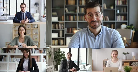 Business people staff team video conferencing, collage screen view Stock Footage