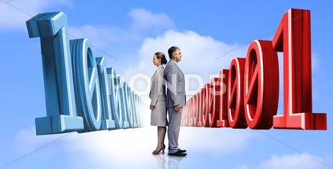 Business people standing back to back with binary code Stock Photos
