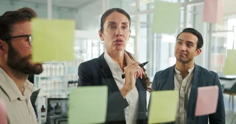 Business people, sticky note and writing on glass wall, planning and mind map Stock Footage 305165364