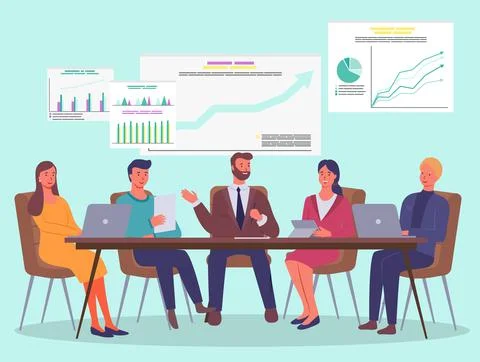 Business people at table, use laptops, whiteboards with analytic data, charts Illustrazione stock