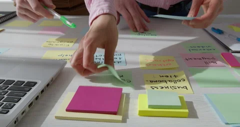 Business people team brainstorming using sticky notes post.  Stock Footage 152174884