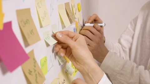 Business people use sticky notes post, writing down ideas. Teamwork. Video stock 123577752