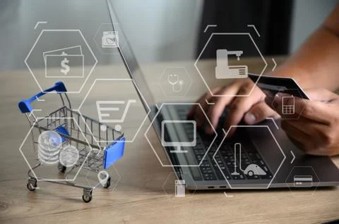 Business people use Technology E-commerce Internet Global Marketing Purchasin Stock Photos