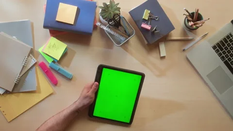 Business people using gadget with chroma green screen top view. Creative workers Stock Footage 182022846