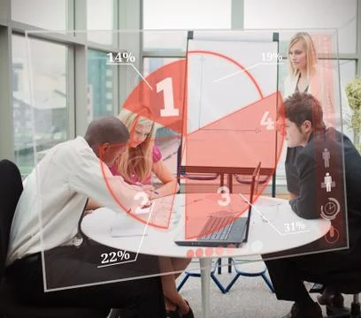 Business people using red pie chart interface イラスト素材