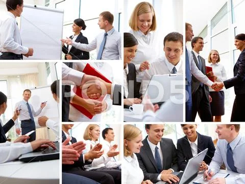 Business people in various situations connected with trainings, presentations, n Stock Photos