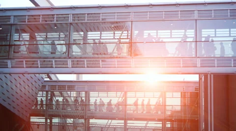 Business people walking through a modern glass hallway. group team together Stock Footage