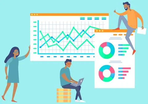 Business people at work analyzing statistical indicators, check report, develop 스톡 일러스트