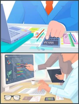 Business People Work at Computer and Calculate 스톡 일러스트