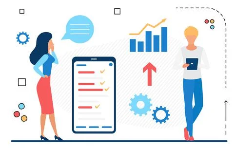 Business people work on data analysis, chart graph diagram app report in mobile Stock Illustration