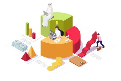 Business people working on computers sitting on pie chart, vector isometric Stock Illustration