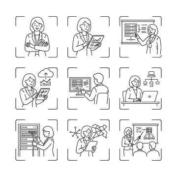Business people working with data analysis and technology line icons, infog.. 库存插图