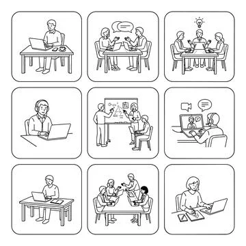 Business people working remotely teamwork collaboration line art icons set,.. Stock Illustration