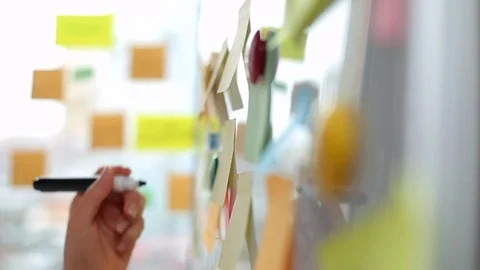 Business people writes notes using post stickers on paper. Brainstorming Stock Footage 120996628