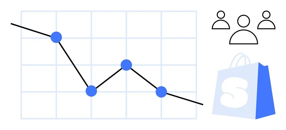 Business Performance Chart with Decline Line Graph and Shopping Bag Icons Illustrazione stock