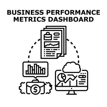 Business performance metrics dashboard displaying data visualization Stock Illustration