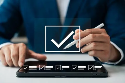 Business performance tracking and evaluation, businessman using tablet to d.. Stock Photos