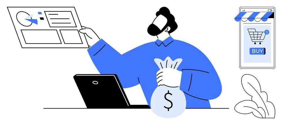 Business person analyzing data on a screen holding a money bag in front of a  Stock Illustration