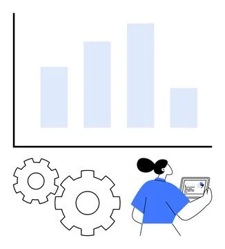 Business person analyzing data on tablet with bar chart and gears represent.. Stockillustratie