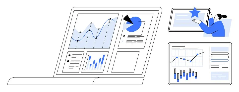 Business person analyzing data visualizations and graphs on laptop and tabl.. Illustrazione stock
