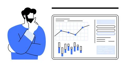 Business person analyzing graph data on large screen, contemplating options.. Stock Illustration