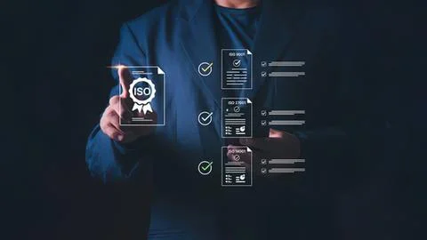 Business person checking iso certification and reports Stock Photos