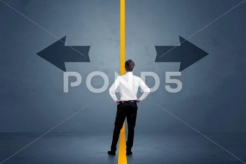 Business Person Choosing Between Two Options Separated By A Yellow Border Arr