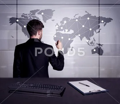Business person drawing dots on world map Stock Photos